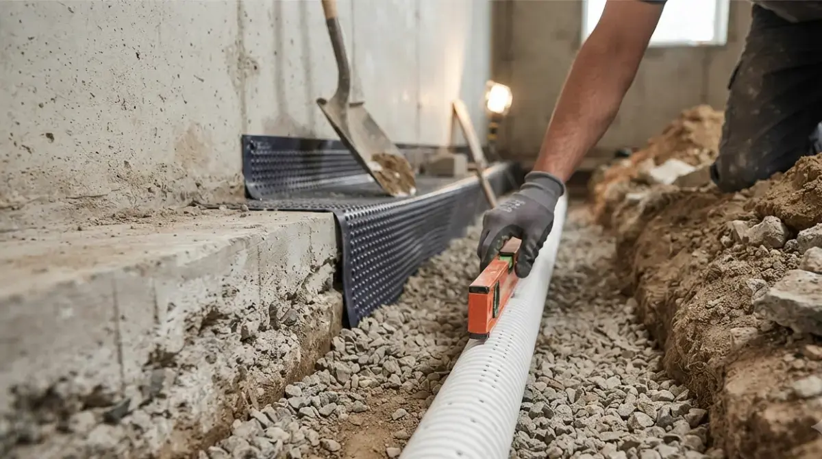 Cut basement floor showing gravel bed and perforated pipe for an interior drain