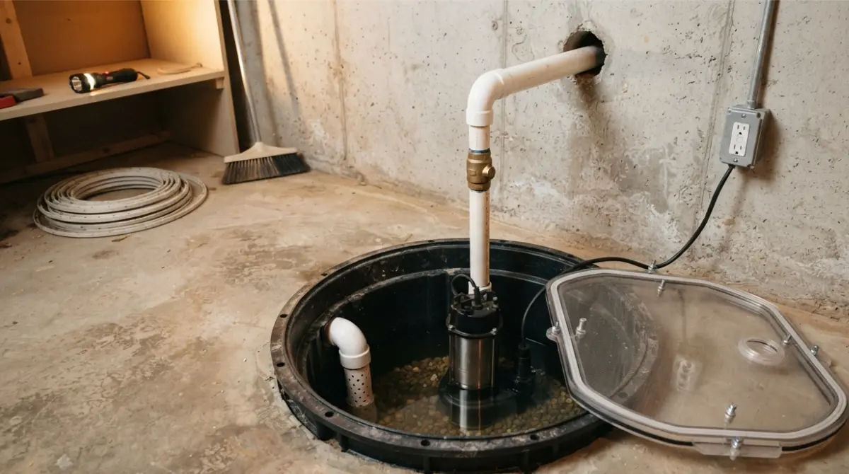Sump pump basin receiving water from an interior drain with a discharge pipe