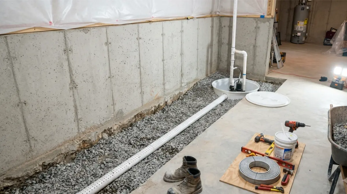 “Interior French drain and sump pump mid-install — what to look for when asking system-fit Questions to waterproofing contractors”
