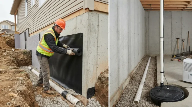 Interior vs Exterior basement waterproofing split view showing exterior foundation membrane excavation and interior drain tile with sump pump