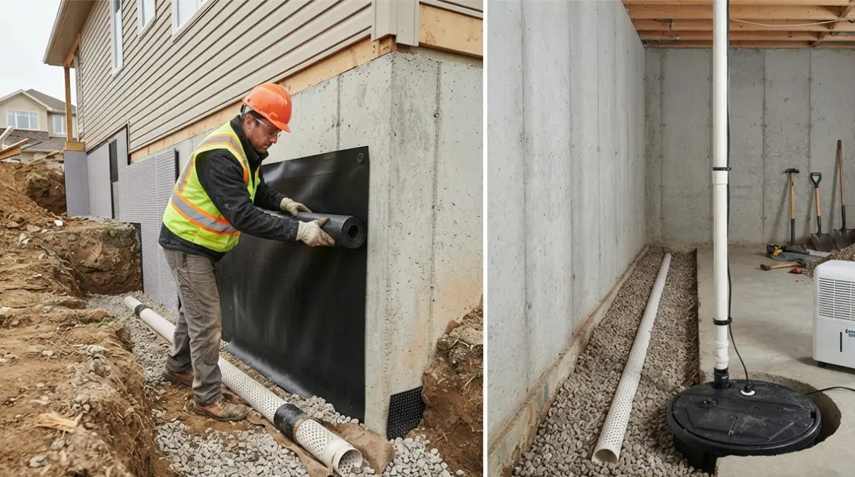 Interior vs Exterior basement waterproofing split view showing exterior foundation membrane excavation and interior drain tile with sump pump