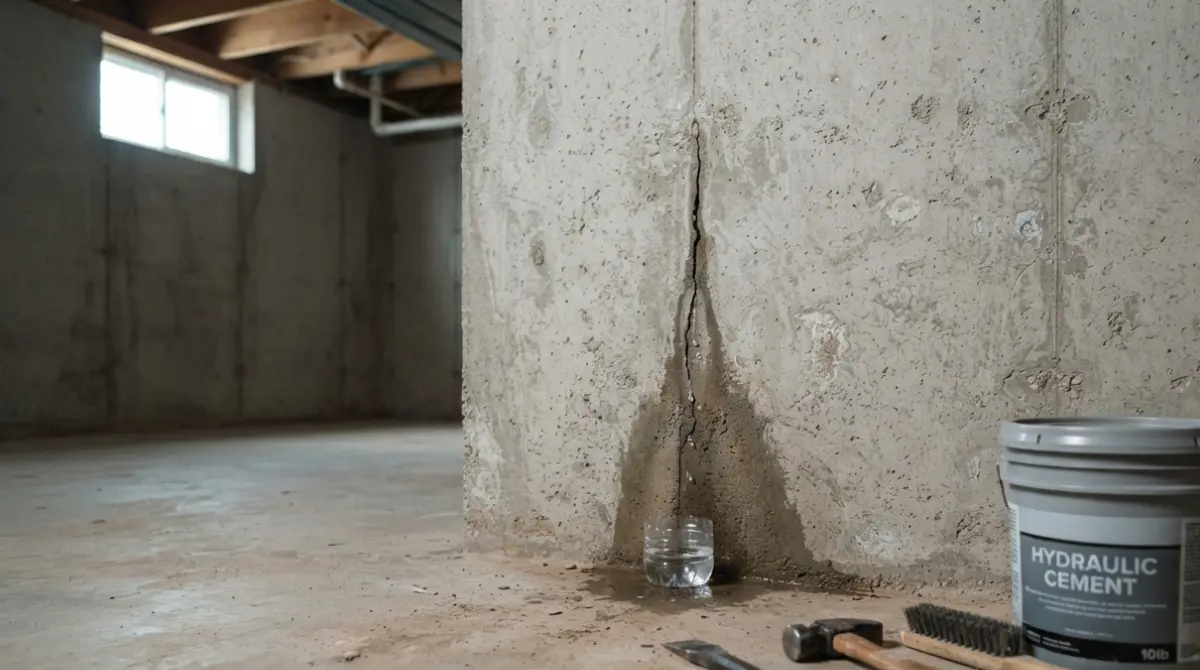 Narrow vertical basement Wall Crack with water slowly seeping through