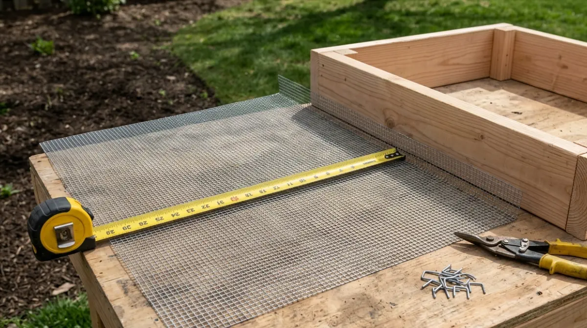 Measuring Hardware Cloth before cutting it for a raised garden bed