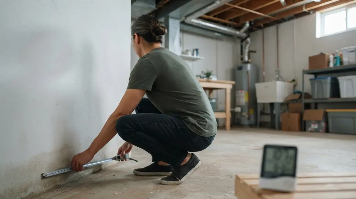 Homeowner measuring basement floor area before choosing the right Dehumidifier capacity