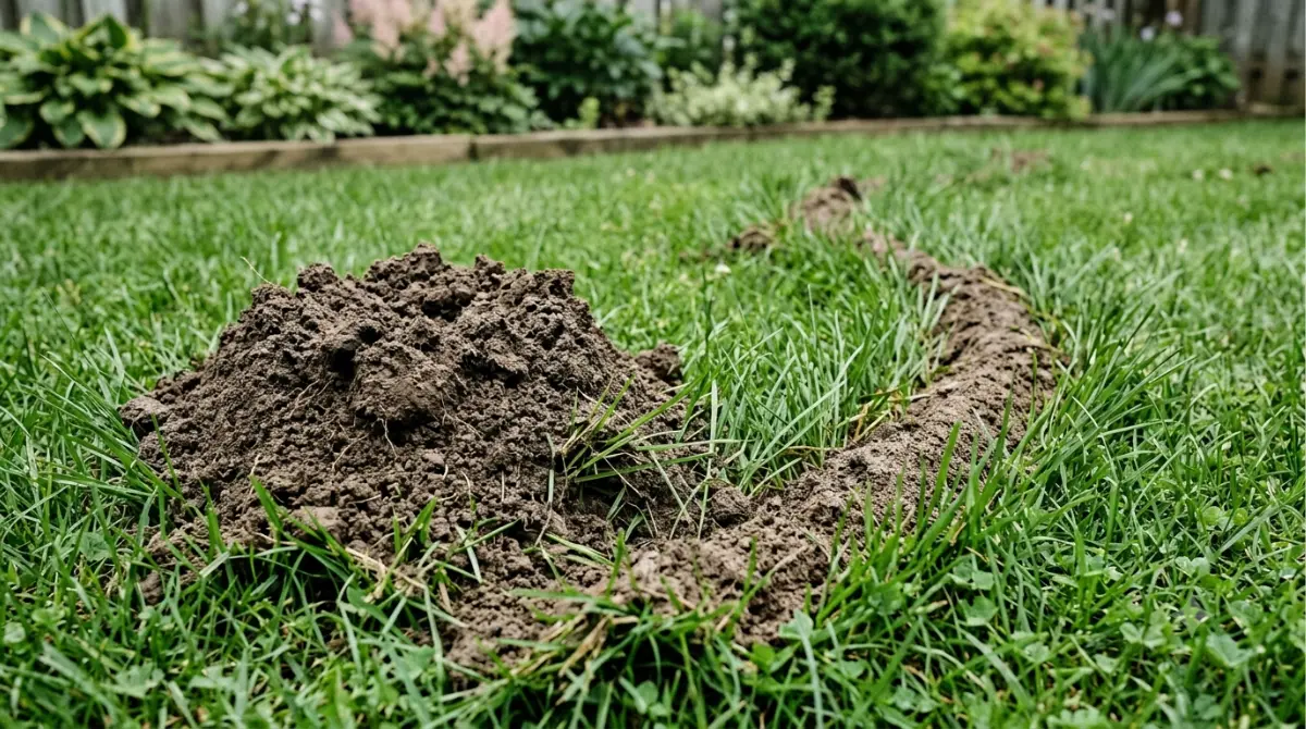 vole vs mole damage comparison showing raised mole ridges and a volcano-shaped mound