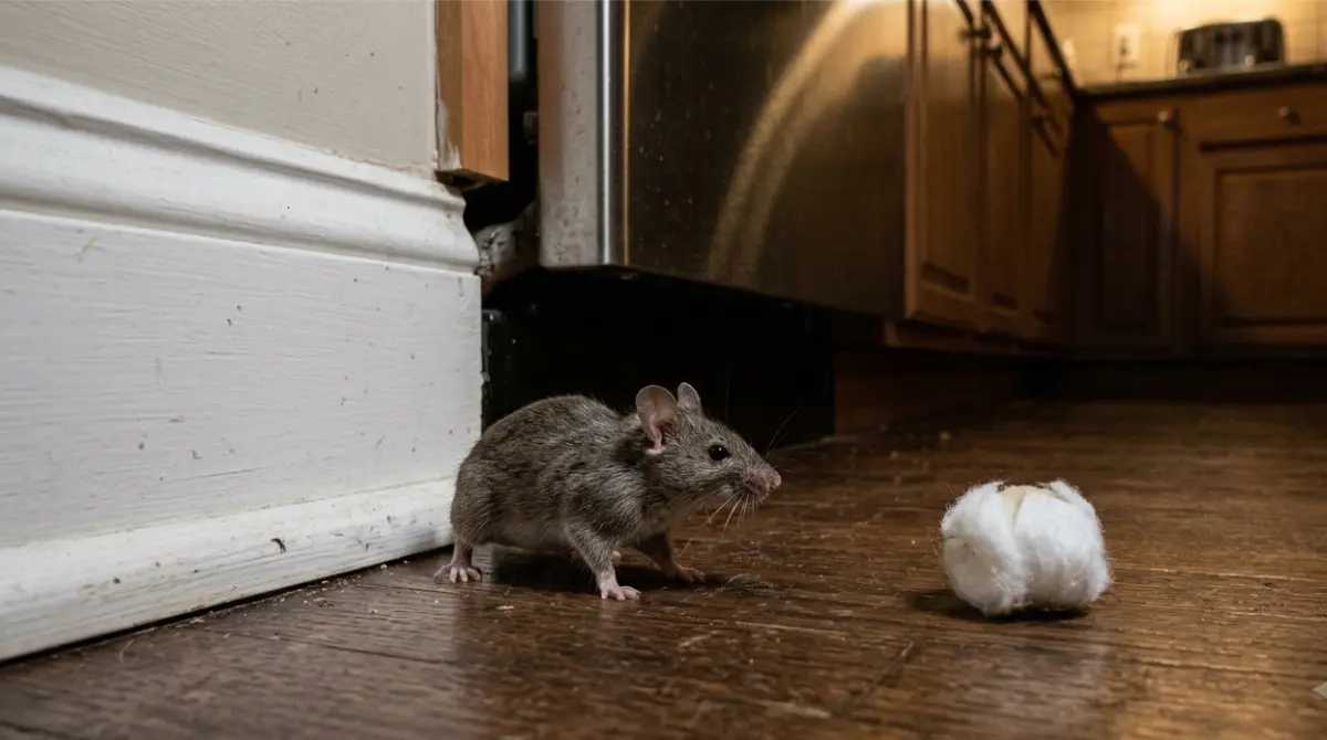 Oil for Mice with a house mouse cautiously avoiding a peppermint-soaked cotton ball
