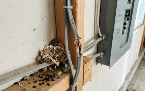 Rodent chewed electrical wiring in a residential home with damaged insulation and nearby nesting material