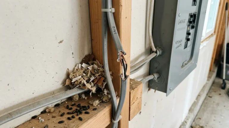 Rodent chewed electrical wiring in a residential home with damaged insulation and nearby nesting material