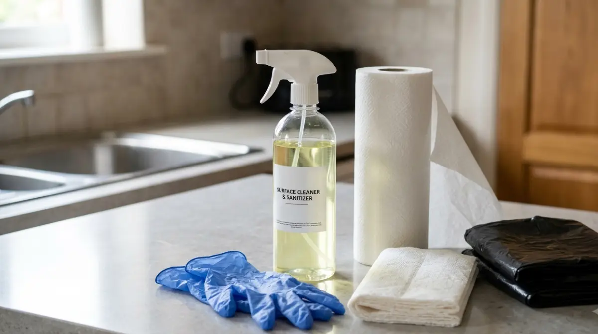 Mouse Droppings cleanup supplies including disinfectant, gloves, paper towels, and heavy bags