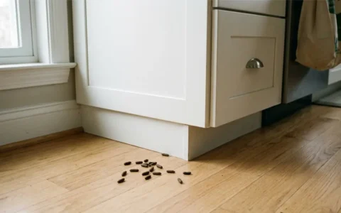 Mouse Droppings found on a kitchen floor beside a cabinet before safe cleanup