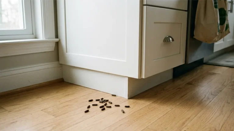Mouse Droppings found on a kitchen floor beside a cabinet before safe cleanup