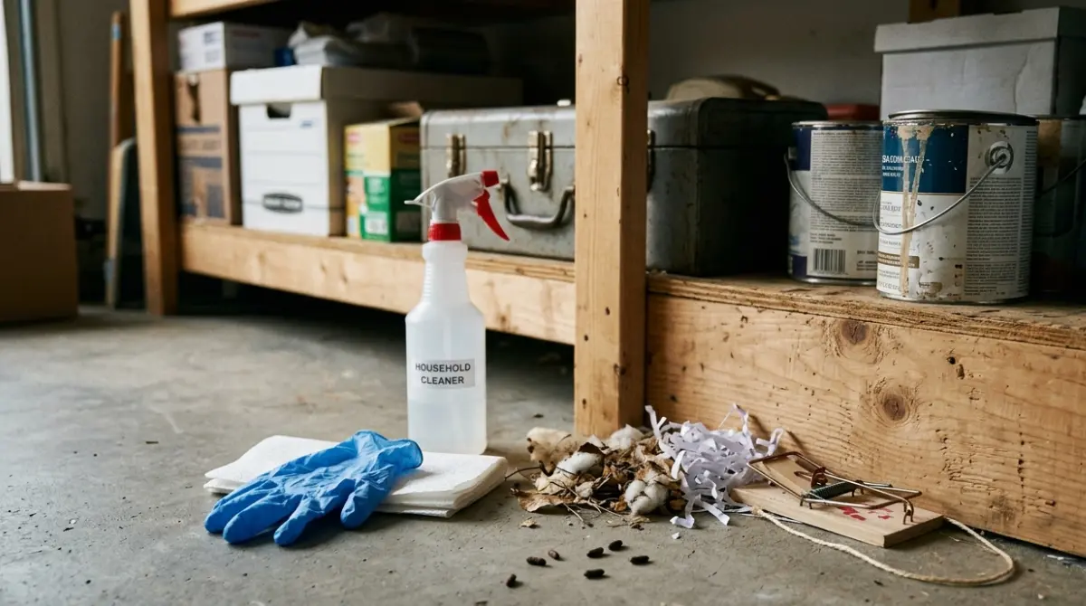 Mouse Droppings and nesting material near a reusable snap trap in a residential utility area