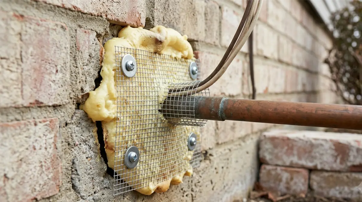 Mouse Entry gap remaining beside expanding foam at an exterior utility penetration