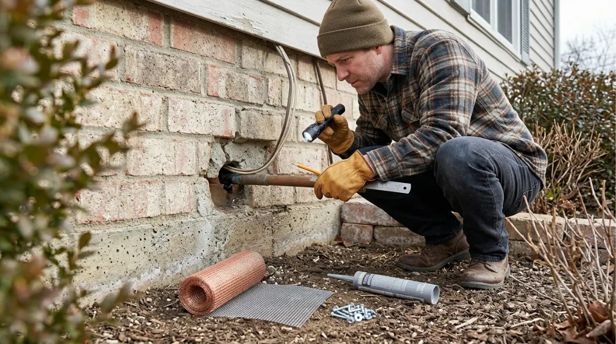 Homeowner inspecting a Mouse Entry gap near a foundation with a flashlight and repair materials