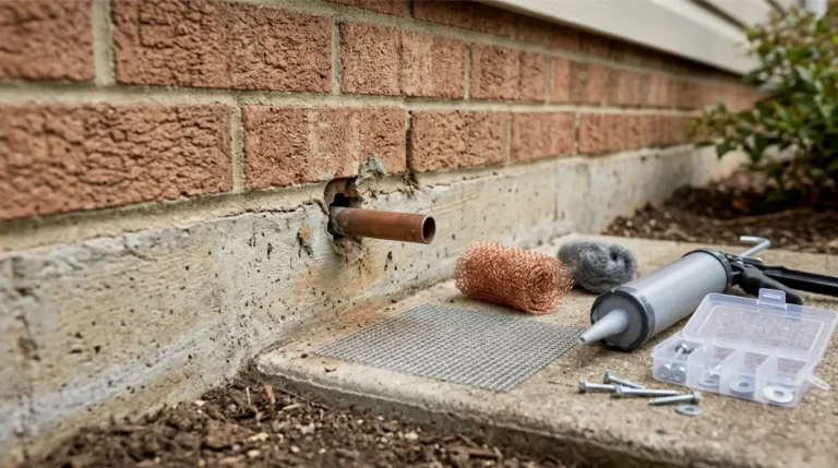 Mouse Entry gap around a utility pipe with metal exclusion materials outside a house