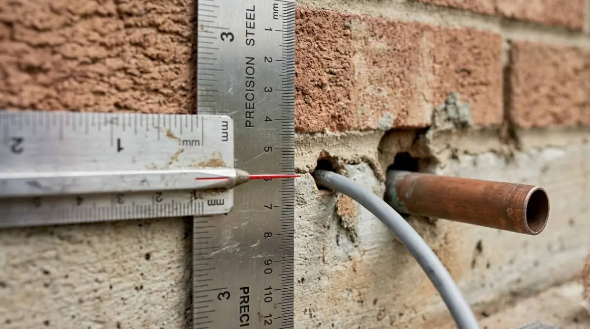 Mouse Entry gap measuring about one-quarter inch or 6 mm beside a wall penetration