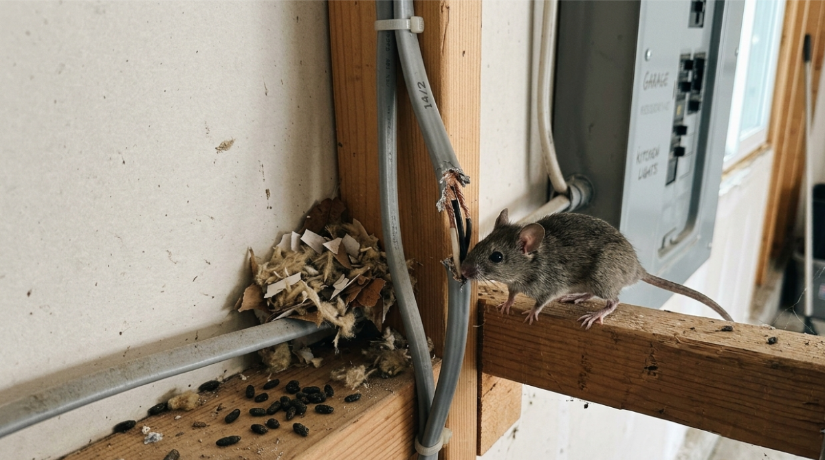 Rodent moving beside electrical wiring inside a residential wall void with realistic gnaw damage