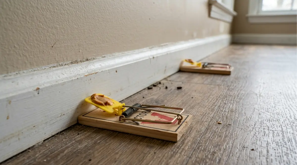 Mouse Trap placed perpendicular to a wall with the trigger facing the baseboard