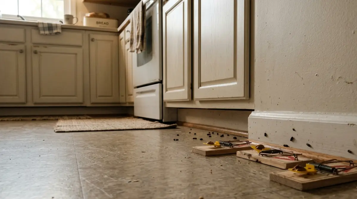 Mouse Trap setup along a kitchen wall with bait and signs of mouse activity