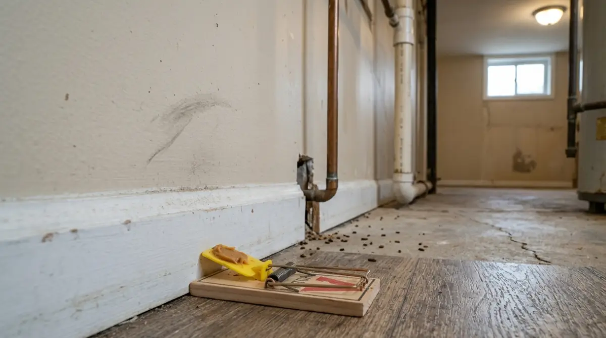 Mouse Trap near an open wall gap that could allow mice to enter a home