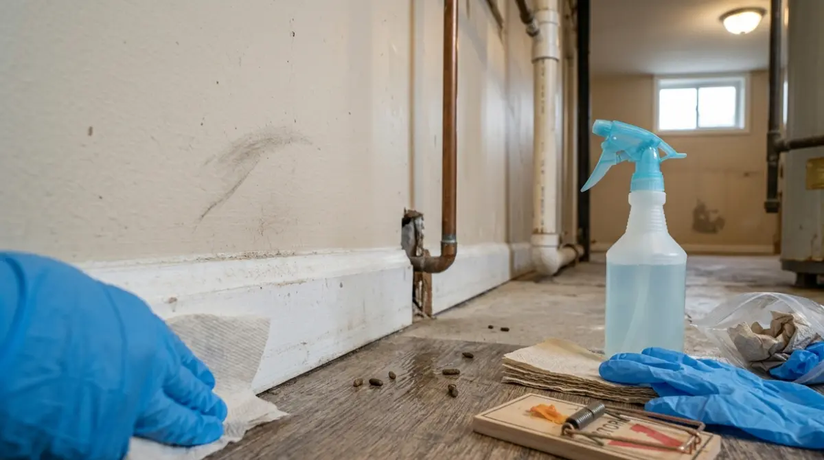 Mouse Trap and cleaning supplies prepared for safe cleanup of mouse droppings