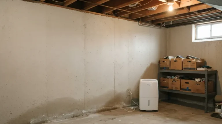 Musty basement Smell with a dehumidifier, damp wall staining, and stored boxes