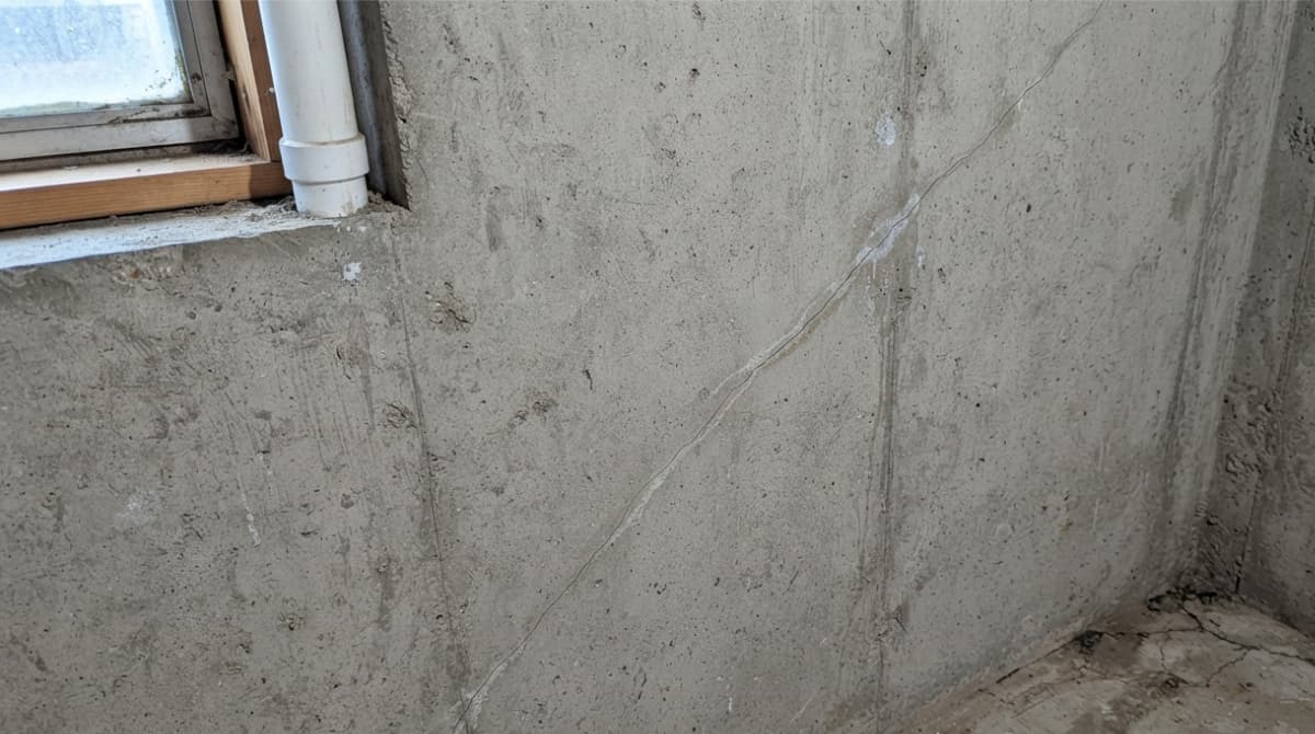 Close-up of a hairline vertical crack from normal settling, not a sign of foundation problems