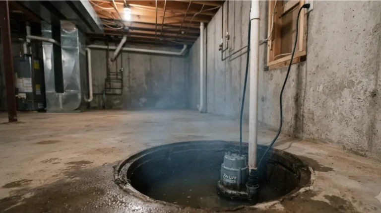 “Open sump Pump pit in a basement floor showing a direct pathway for radon gas from soil into the home”