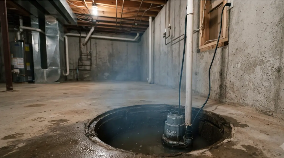 “Open sump Pump pit in a basement floor showing a direct pathway for radon gas from soil into the home”
