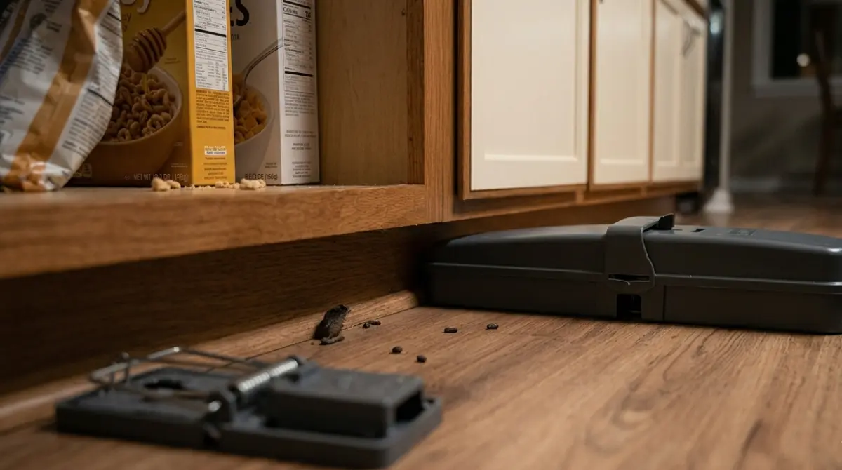 Correct mouse trap placement against a kitchen wall and baseboard
