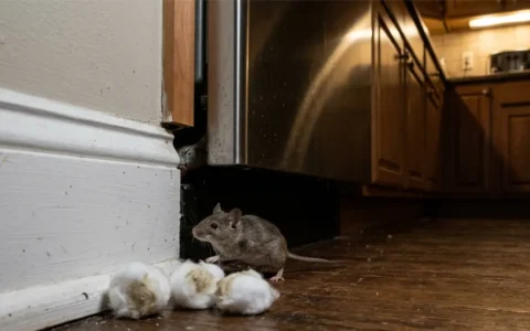 Oil for Mice with peppermint-soaked cotton balls near a mouse and a small kitchen entry gap