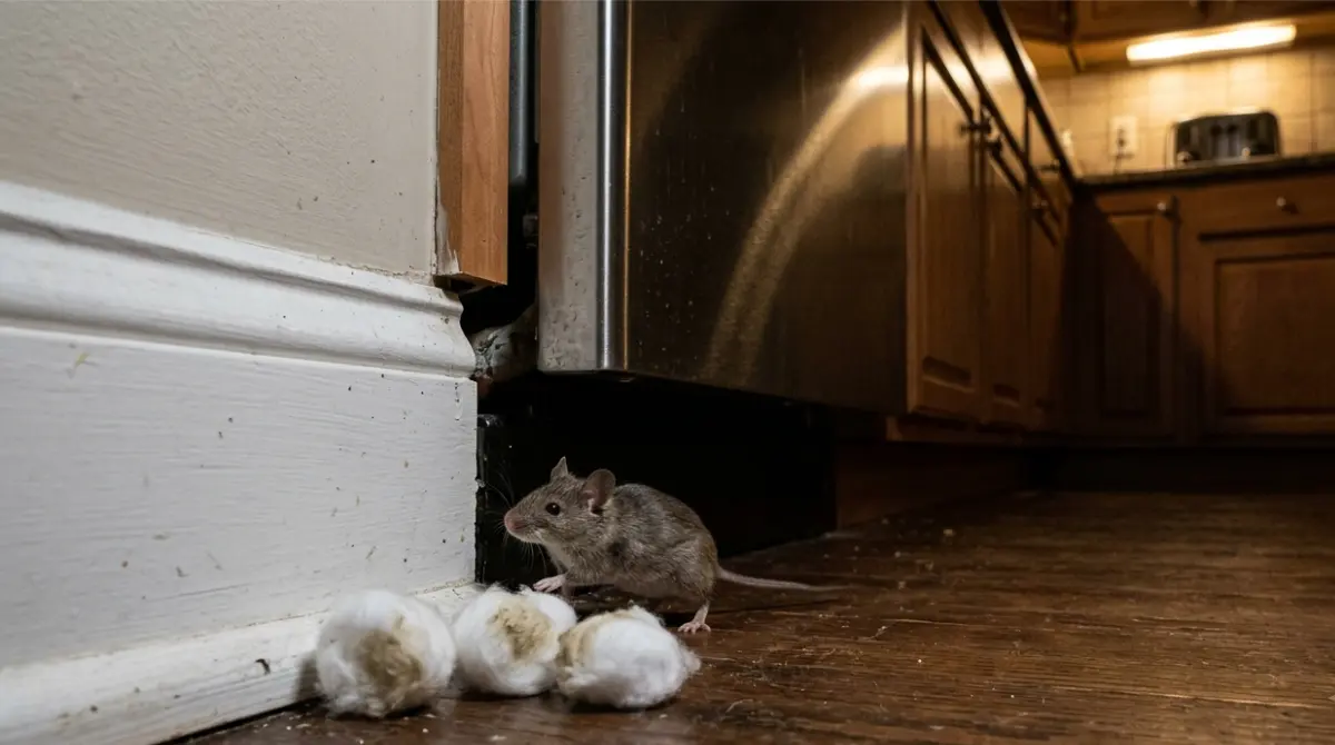 Oil for Mice with peppermint-soaked cotton balls near a mouse and a small kitchen entry gap