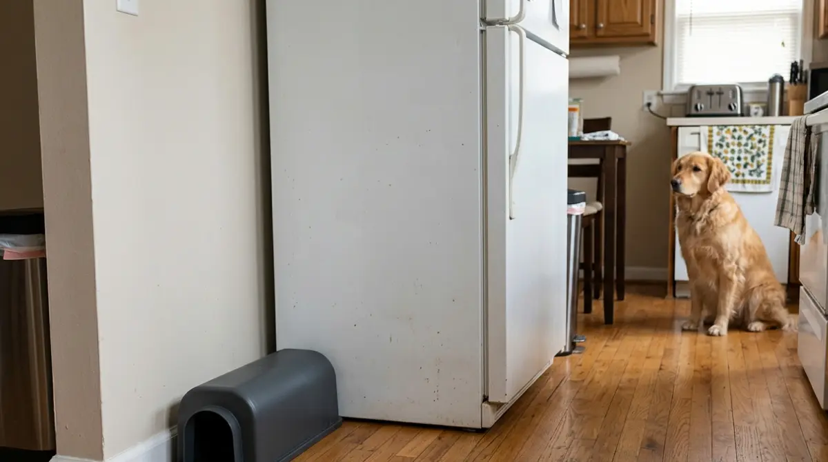 Pet safe enclosed mouse trap placed behind a kitchen appliance where a dog cannot reach it