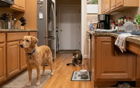 Pet safe rodent control with a cat and dog near a mouse in a home kitchen