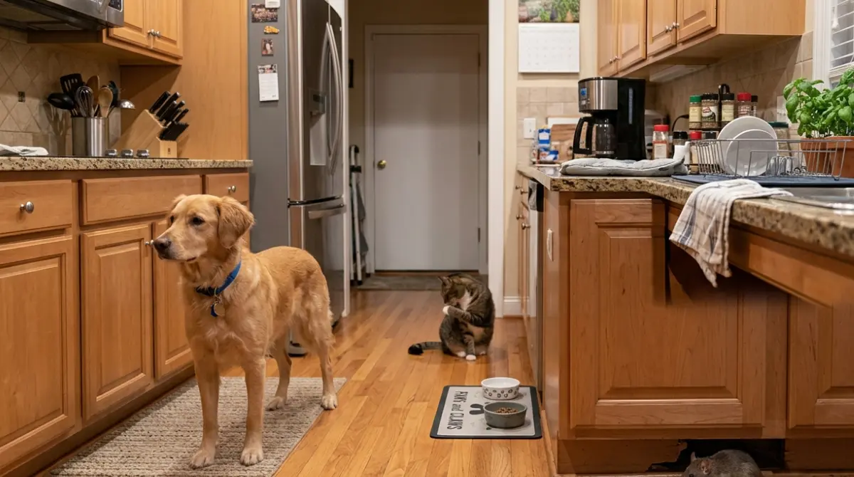 Pet safe rodent control with a cat and dog near a mouse in a home kitchen