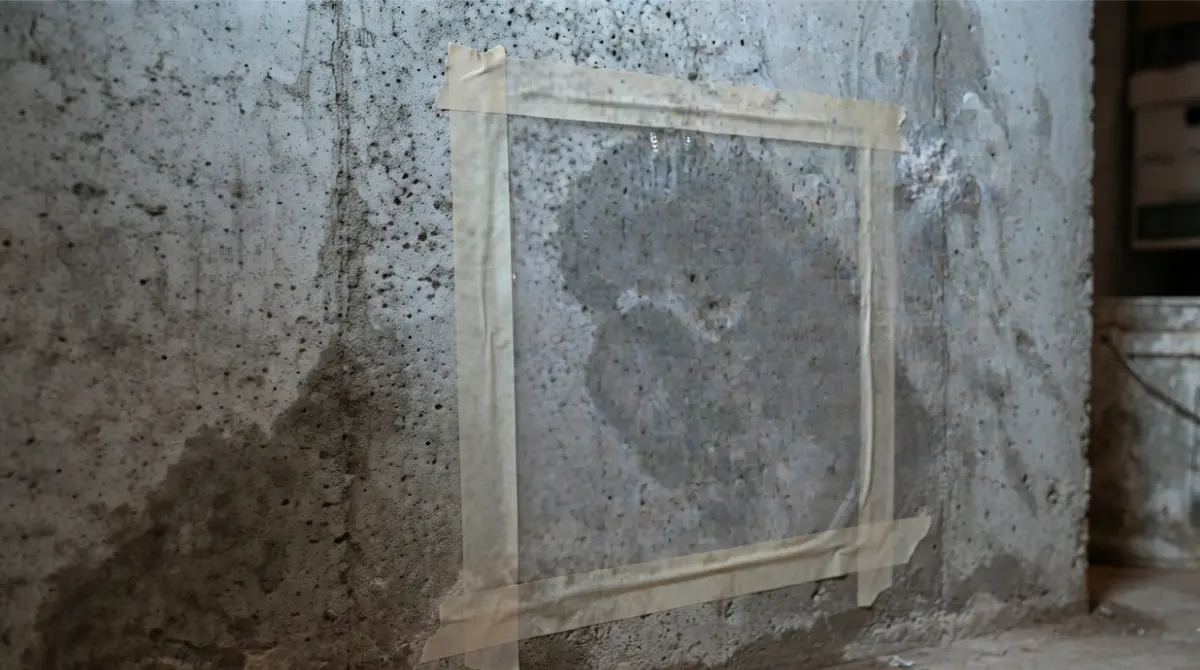Plastic sheet taped to basement wall to test moisture before deciding if waterproofing paint work