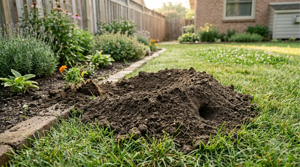 vole vs mole damage comparison with a crescent-shaped pocket gopher mound and side plug