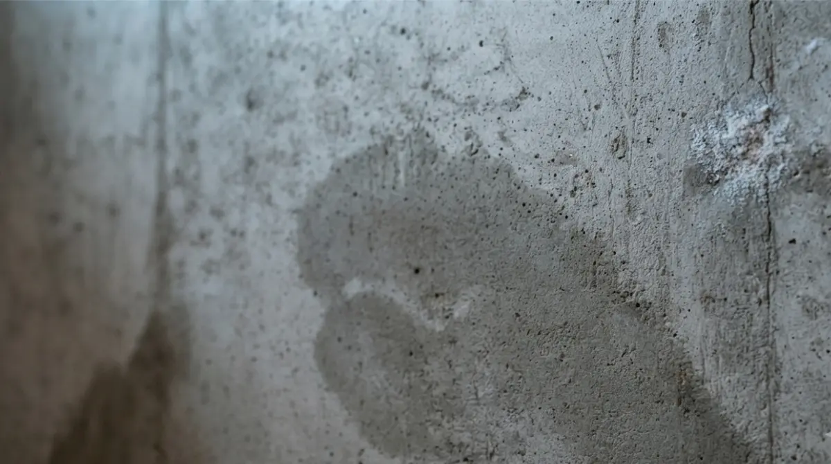 Close-up of porous concrete basement wall with damp patches showing where waterproofing paint work