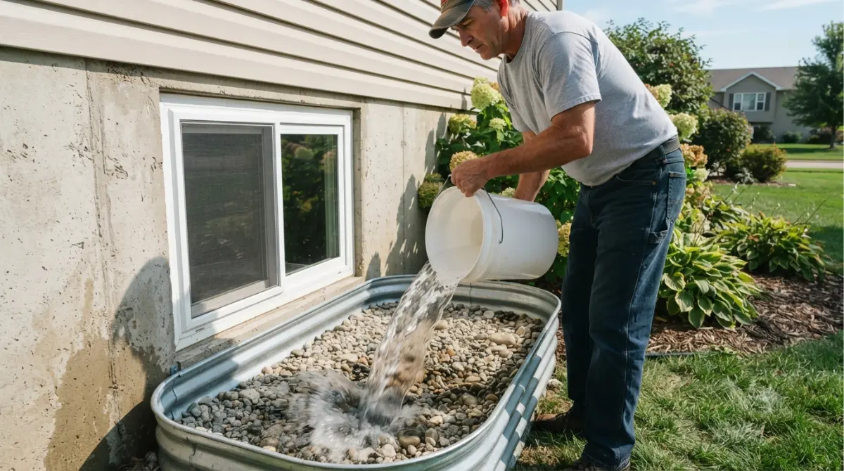 Homeowner performing a pour test on a window well to check drainage