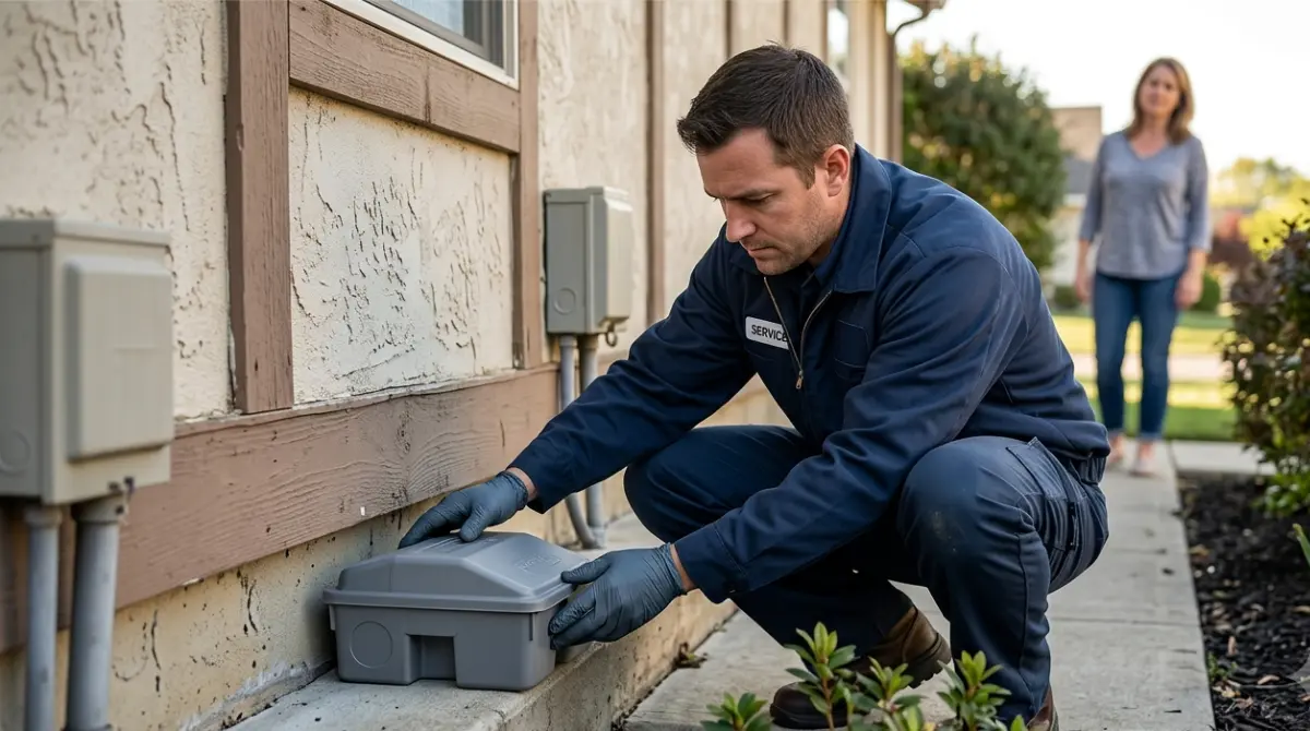 Professional placing a tamper-resistant rodent bait station outside a home — Amazon Findings