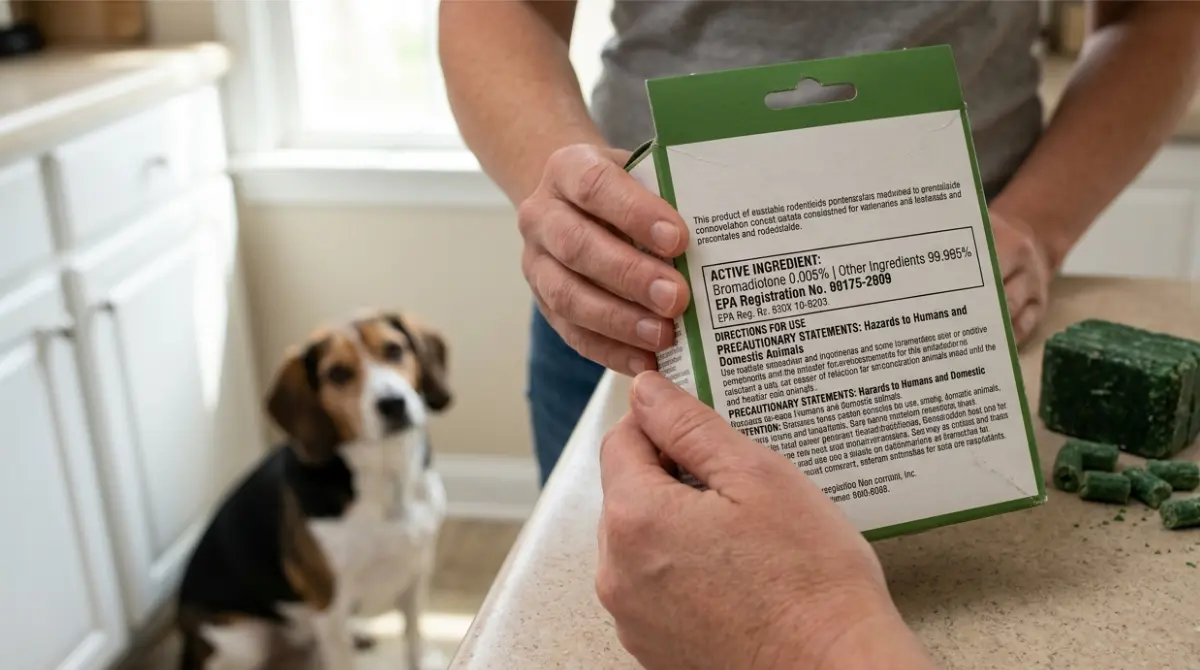 Rat Poison package label showing where to find the active ingredient with a dog in the background