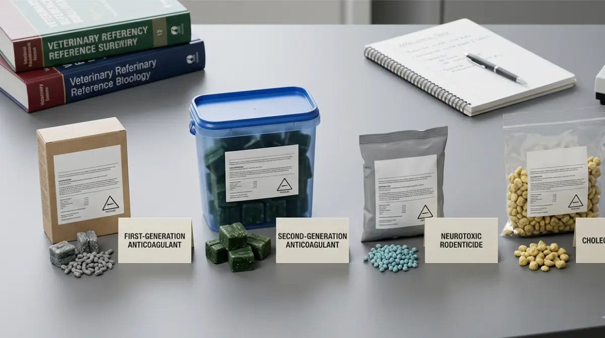 Rat Poison active ingredient categories shown in a realistic veterinary toxicology setting