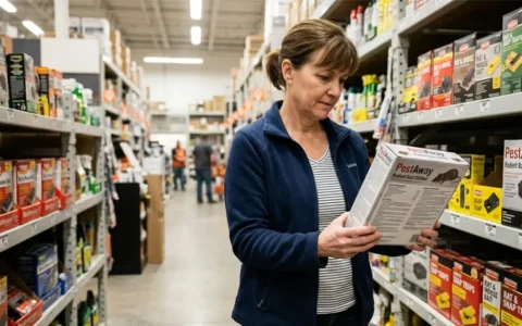 Rat Poison package being inspected by a homeowner in a hardware store