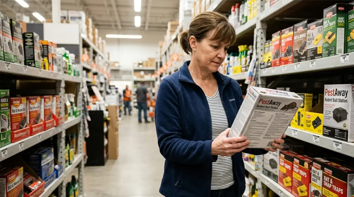 Rat Poison package being inspected by a homeowner in a hardware store