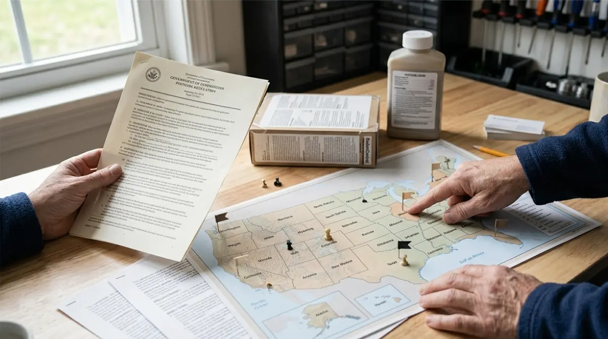 Rat Poison laws shown with a U.S. map and state regulation documents