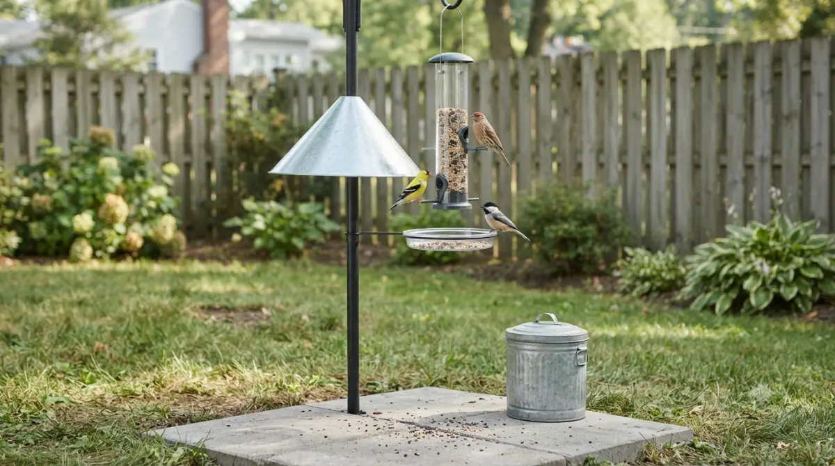 A Bird Feeder Attracting Rats Is a Common, Fixable Problem — cleaner bird feeder setup with tray, pole baffle, limited seed, and metal storage can