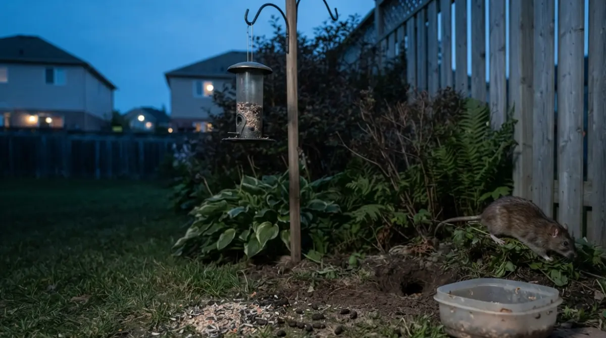 A Bird Feeder Attracting Rats Is a Common, Fixable Problem — realistic rat activity and signs near a bird feeder at dusk
