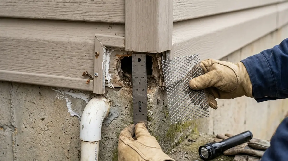 Rodent exclusion contractor measuring a small entry point before installing metal mesh — Amazon Findings