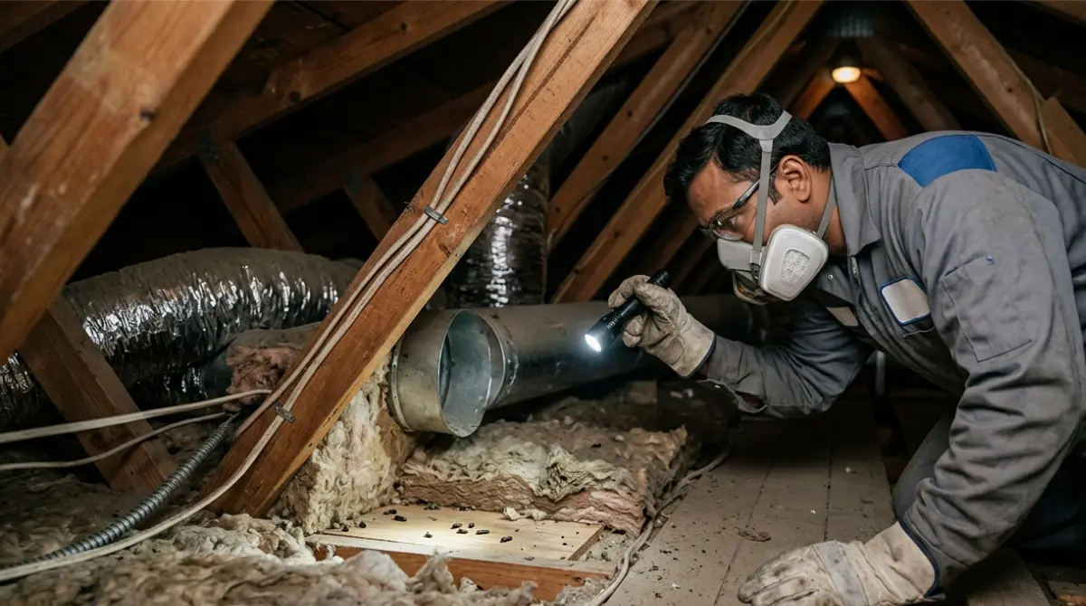 Rodent Exterminator professionally inspecting an attic with rodent activity and insulation