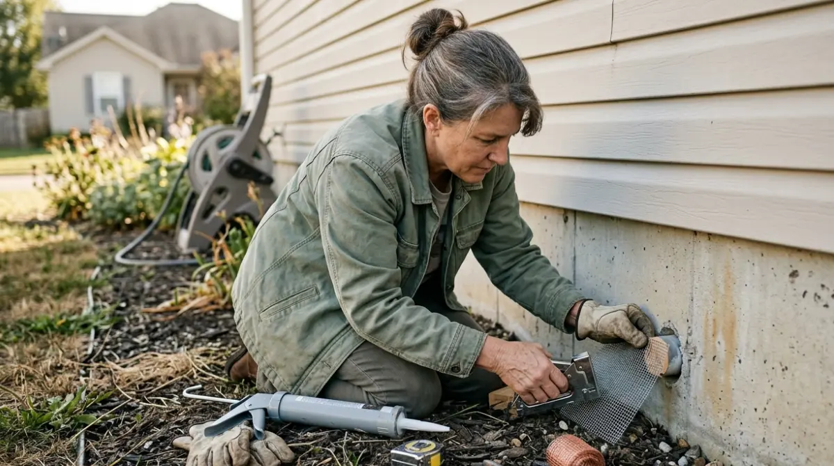 Rodent Exterminator DIY comparison showing homeowner sealing an accessible rodent entry point